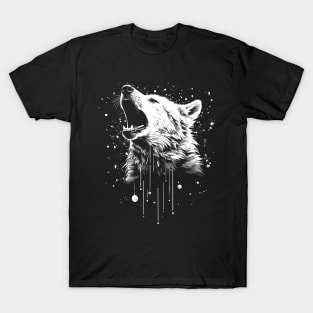 Paint Drip Black and White Howling Wolf T-Shirt